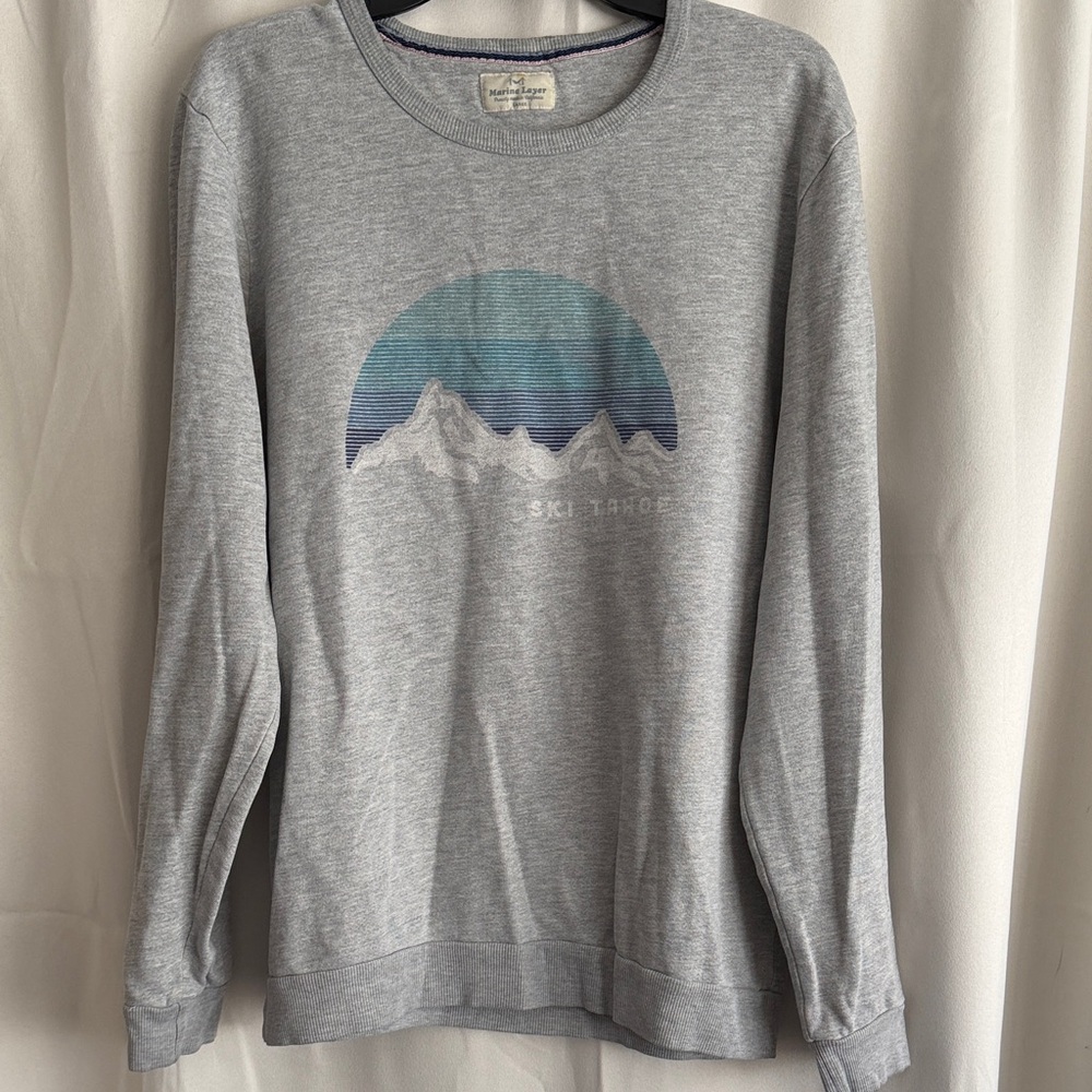 Marine Layer Gray Crewneck Sweatshirt with Blue Mountain Graphic
